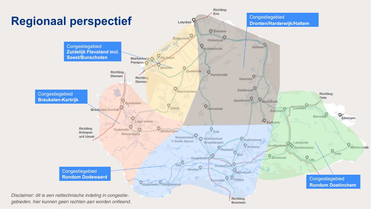 De 5 congestiegebieden binnen het FGU-voedingsgebied zijn 'Rondom Dodewaard', 'Breukelen-Kortrijk', 'Zuidelijk Flevoland inclusief Soest/Bunschoten', 'Dronten/Harderwijk/Hattem' en 'Rondom Doetinchem'. Deze kaart betreft grove contouren van dit gebied. Disclaimer: dit is een nettechnische indeling in congestiegebieden, hier kunnen geen recht aan worden ontleend.